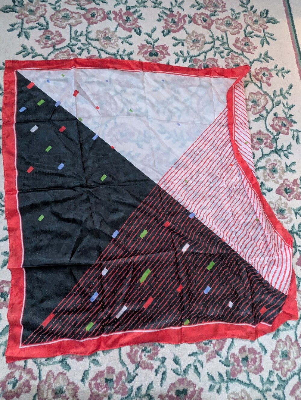 Vintage Silk Geometric Print Scarf Red, White, Black